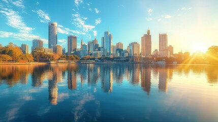 Obraz premium A modern city skyline reflected in water.