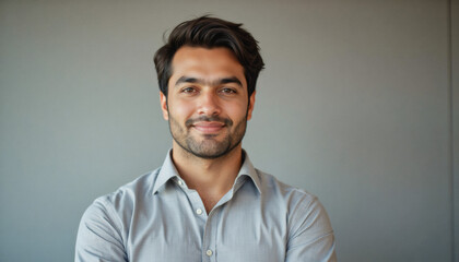 Obraz premium Modern portrait headshot of a friendly ceo executive business worker: A young man with dark hair and a beard confidently looks directly at the camera while wearing a light blue button-down shirt aga