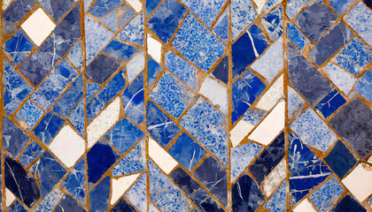 Abstract broken tile mosaic with blue and white ceramic pieces and earthy grout lines