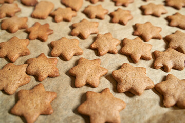 Homemade star-shaped gingerbread cookies on baking tray freshly baked for holiday season.
