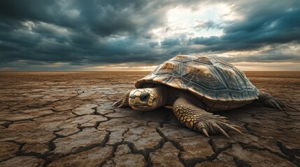Tortoise traversing cracked earth, sunset, drought, climate change