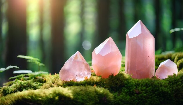 pink healing chakras rose quartz crystals on green moss in the forest real semi precious stones healing crystals