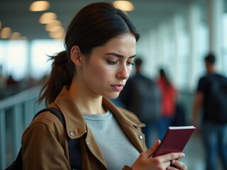 Mujer parada en la puerta de un aeropuerto sosteniendo su pasaporte