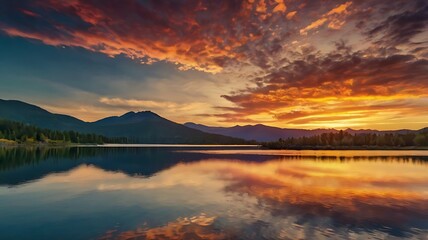 Fototapeta premium Breathtaking landscape capturing a tranquil mountain lake at sunset