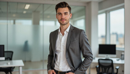 Modern portrait headshot of a friendly ceo executive business worker: A young, well-dressed businessman confidently stands in a modern office space, conveying professionalism and authority.