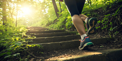 trail running, forest path, sunlit woods, athletic shoes, legs in motion, mossy steps, lush greenery, morning light, dappled sunbeams, forest floor, nature fitness, outdoor adventure, dynamic 