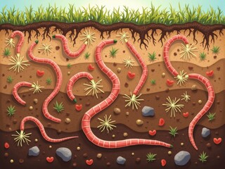 Capas del suelo destacando las lombrices de tierra y los microorganismos