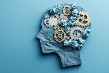 Crumpled Ideas, Cogs, and Mental Process.  A head silhouette, with gears and crumpled paper, depicts the complex interplay of thoughts and ideas