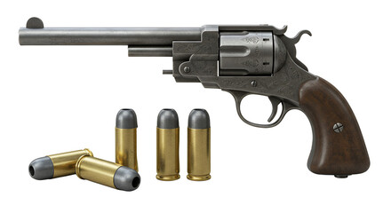 Detailed Vintage Revolver with Bullets on White Background for Creative Projects