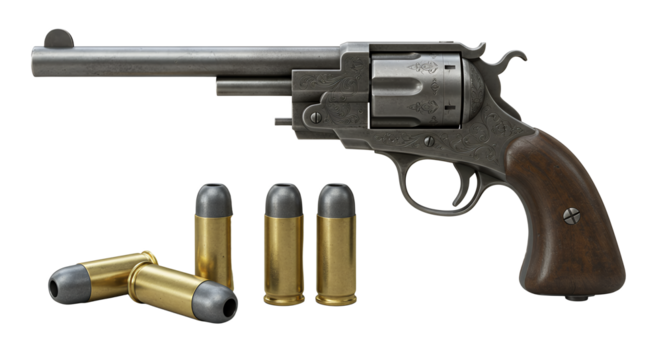 Detailed Vintage Revolver with Bullets on White Background for Creative Projects
