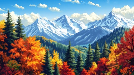 Autumnal mountain vista; scenic fall foliage, snow-capped peaks