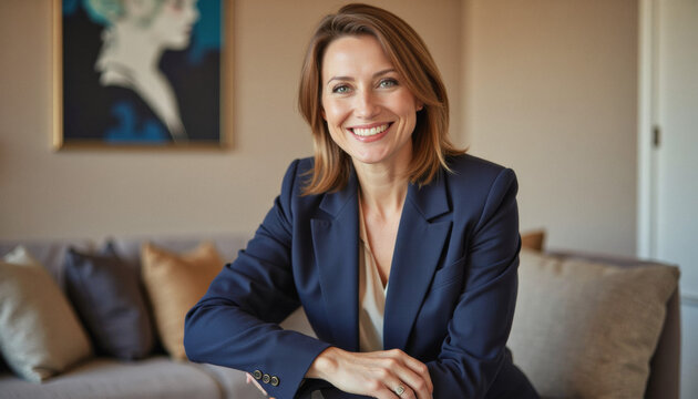Modern portrait headshot of a friendly ceo executive business worker: A smiling businesswoman with light brown hair sits confidently in a navy blue suit, conveying professionalism and approachabilit