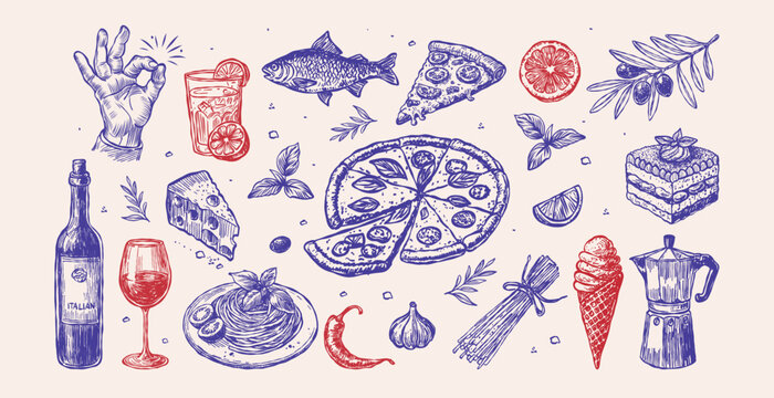 Hand-drawn crayon sketch style vector illustration of Italian food and drinks, such as pizza, wine, pasta, and ice cream, with elements like a coffee maker and olive branches,  the Dolce Vita concept