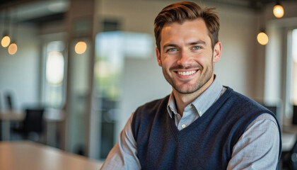 Obraz premium Modern portrait headshot of a friendly ceo executive business worker: A smiling man with light brown hair and blue eyes confidently looks at the camera while wearing a gray sweater vest over a light