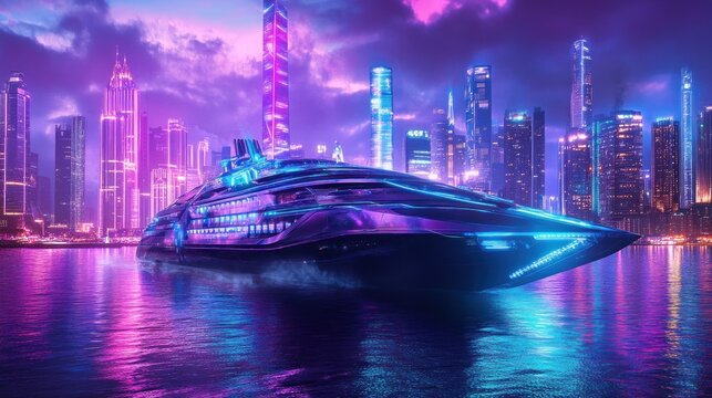Futuristic yacht cruising neon cityscape at night
