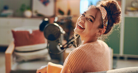 Woman, happy and mic for podcast recording, talk show or excited for production in home studio....
