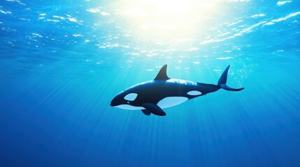 Obraz premium A majestic orca swims gracefully in the deep blue ocean, illuminated by sunlight penetrating the water's surface.