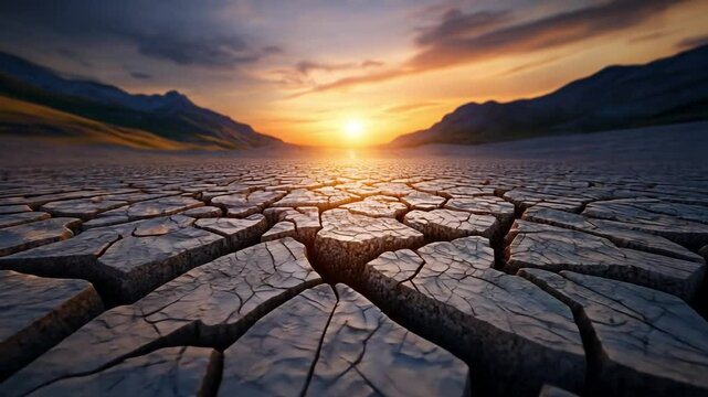 Cracked Earth at Sunset: A close-up shot reveals the parched earth of a desert landscape, deeply cracked and textured under a vibrant sunset.