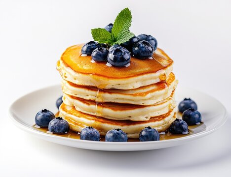 Stack of fluffy pancakes topped with fresh blueberries and drizzled with honey