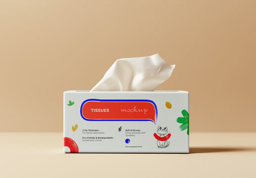 Tissue Box Mockup on Beige Background &ndash; Minimal and Playful Packaging Design for Home, Bathroom, or Healthcare Branding