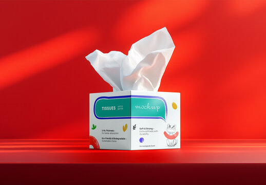 Tissue Box Mockup on Red Background &ndash; Realistic Packaging Scene for Hygiene, Home, or Medical Product Branding