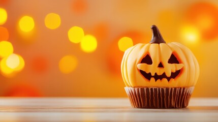 Delightful Halloween cupcake with a carved pumpkin design and glowing orange background creates a festive mood for the holiday