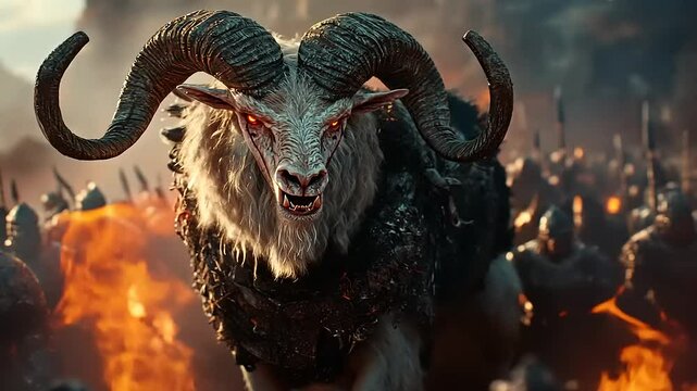 A fierce, mythical ram leading an army through a fiery battlefield, showcasing epic fantasy elements