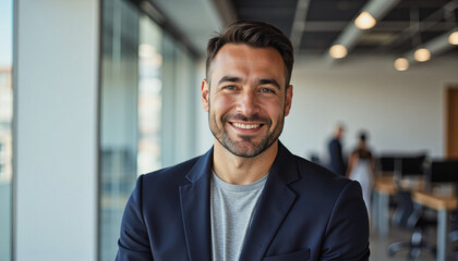 Fototapeta premium Modern portrait headshot of a friendly ceo executive business worker: A smiling businessman with a beard confidently looks at the camera in a modern office setting.