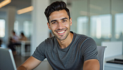 Modern portrait headshot of a friendly ceo executive business worker: A smiling young man with dark hair sits at a desk in a modern office, looking directly at the camera.