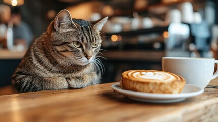 Curious tabby cat gazing at latte art near coffee cup in a cozy cafe with blurred background and warm lighting capturing a serene moment