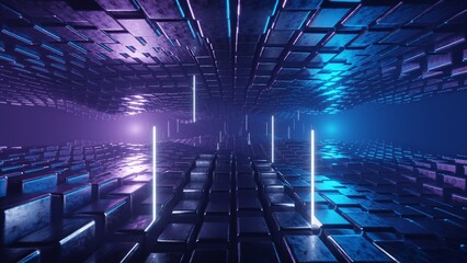 3d render illustration. Abstract tunnel between two planes of wave bending made of reflective cubic blocks in neon blue