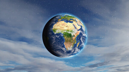 Fototapeta premium Earth view with clouds and stars, showcasing Europe, Africa, and the Middle East