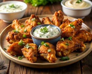 Fototapeta premium Crispy fried chicken with a side of coleslaw and dipping sauce, served on a tray.