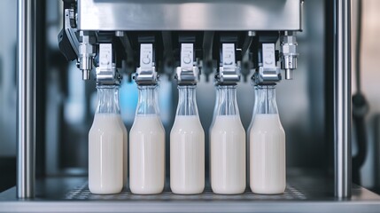 Automated production line filling milk bottles in modern dairy factory