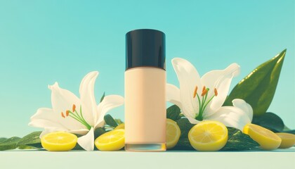 Elegant cosmetic packaging design featuring liquid foundation with white lilies nature-inspired aesthetics studio viewpoint