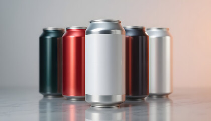 A standard aluminum beverage can with a blank white label.