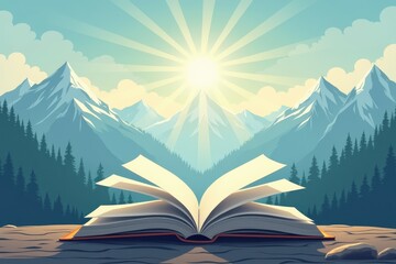 Open book with mountain sunrise backdrop evokes adventure knowledge
