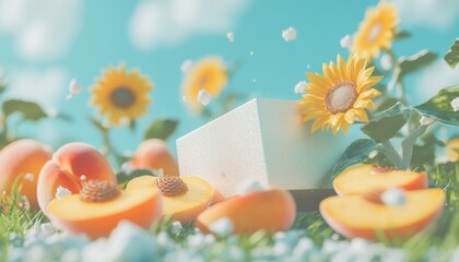 Vibrant cosmetic packaging mockup featuring compact powder surrounded by sunflowers and peaches in a nature setting