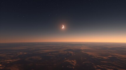 Crescent moon over a planet's horizon
