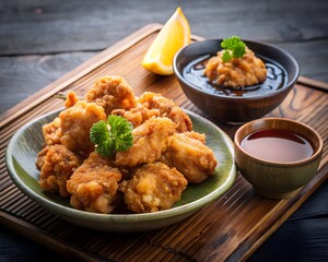 Crispy fried chicken with a side of coleslaw and dipping sauce, served on a tray.