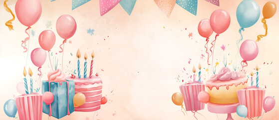 watercolor painted illustration with festive birthday pastry, cake, balloons and confetti on pastel orange background; copy space