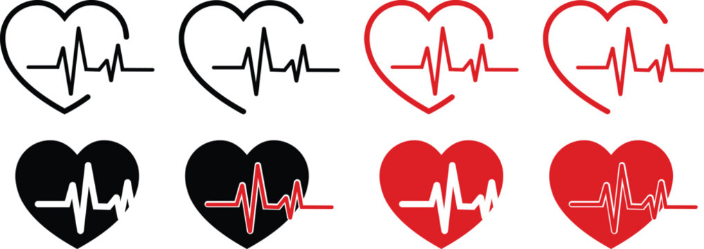 Heartbeat icon set. Heart shape with pulse line vector isolated on transparent background. Continuous lines heart beats drawing, Wave pulse. Signs of rhythm, healthy life symbol. Vector illustration.