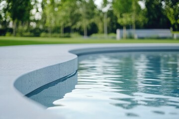 Curved pool edge, calm water surface, lush green background with blurred trees.