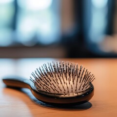 Hairbrush with fine bristles resting on a wooden table in a softly lit room