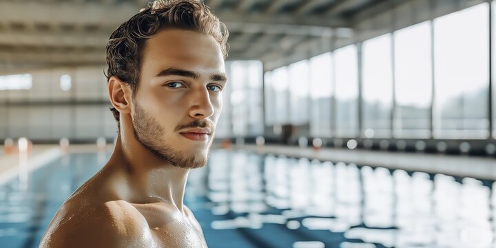 Confident young man by indoor pool with natural light and modern architecture