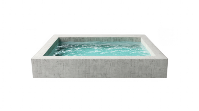 a simple rectangular swimming pool with water inside, on a white background, png