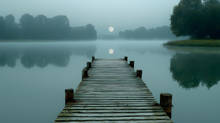 Obraz premium Misty Pier: A tranquil, long exposure capturing a pier extending into a serene lake, enveloped in a soft, ethereal mist under a pale moon. Evoking calm and natural beauty.