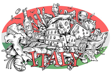 Hand drawn vector Italian symbols on background Hand drawn illustration.