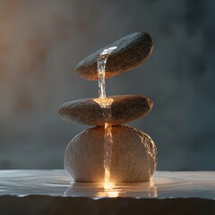 Concept of balance: water flowing from one stone to another with light