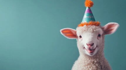 A cheerful sheep dressed in a festive party hat grins happily, adding a playful touch to the vibrant atmosphere of a celebration